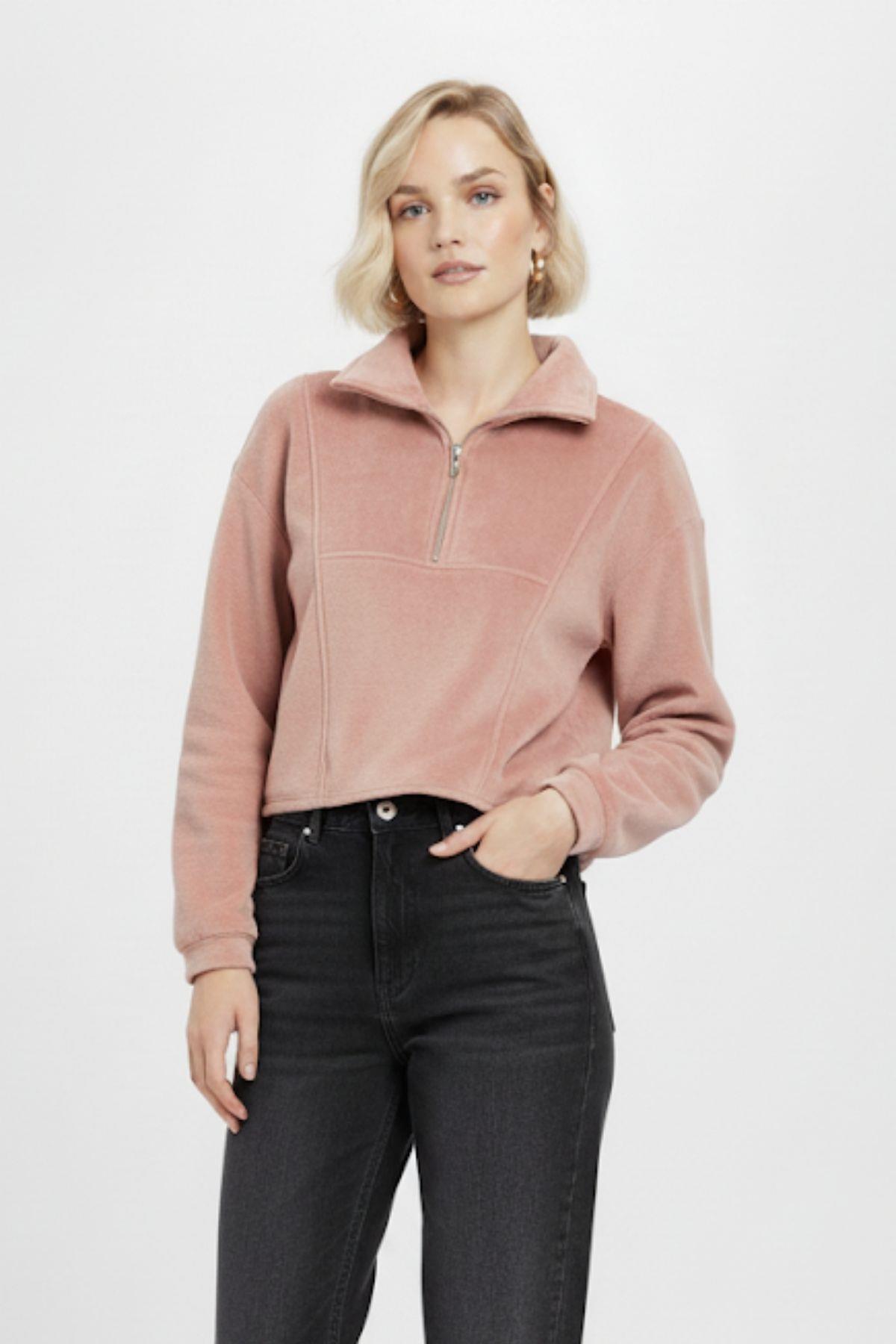 3056A Fermuar Yaka Sweat Pembe - 1