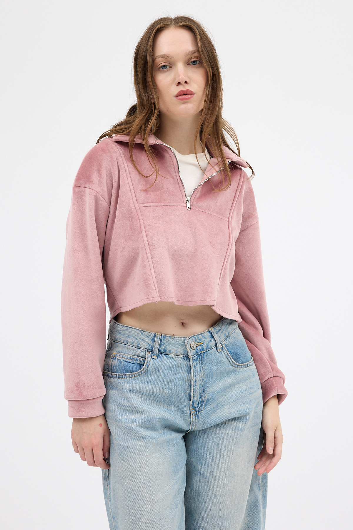 Pembe Kadın Peluş Yarım Fermuarlı Crop Sweatshirt 3056A - 6