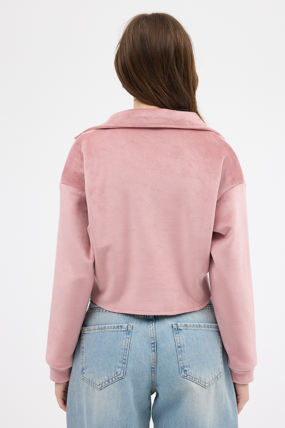 Pembe Kadın Peluş Yarım Fermuarlı Crop Sweatshirt 3056A - 5