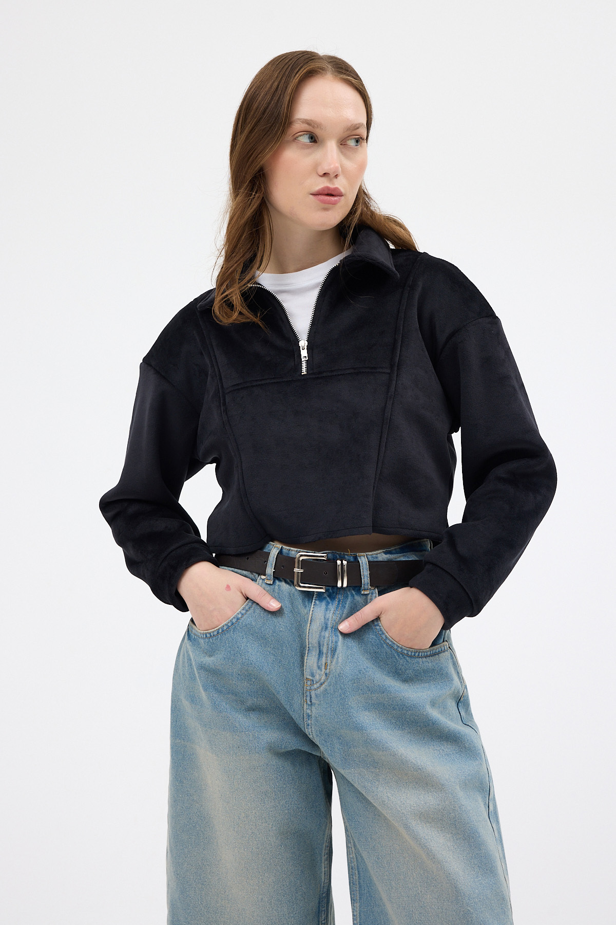 Siyah Kadın Peluş Yarım Fermuarlı Crop Sweatshirt 3056A - 1