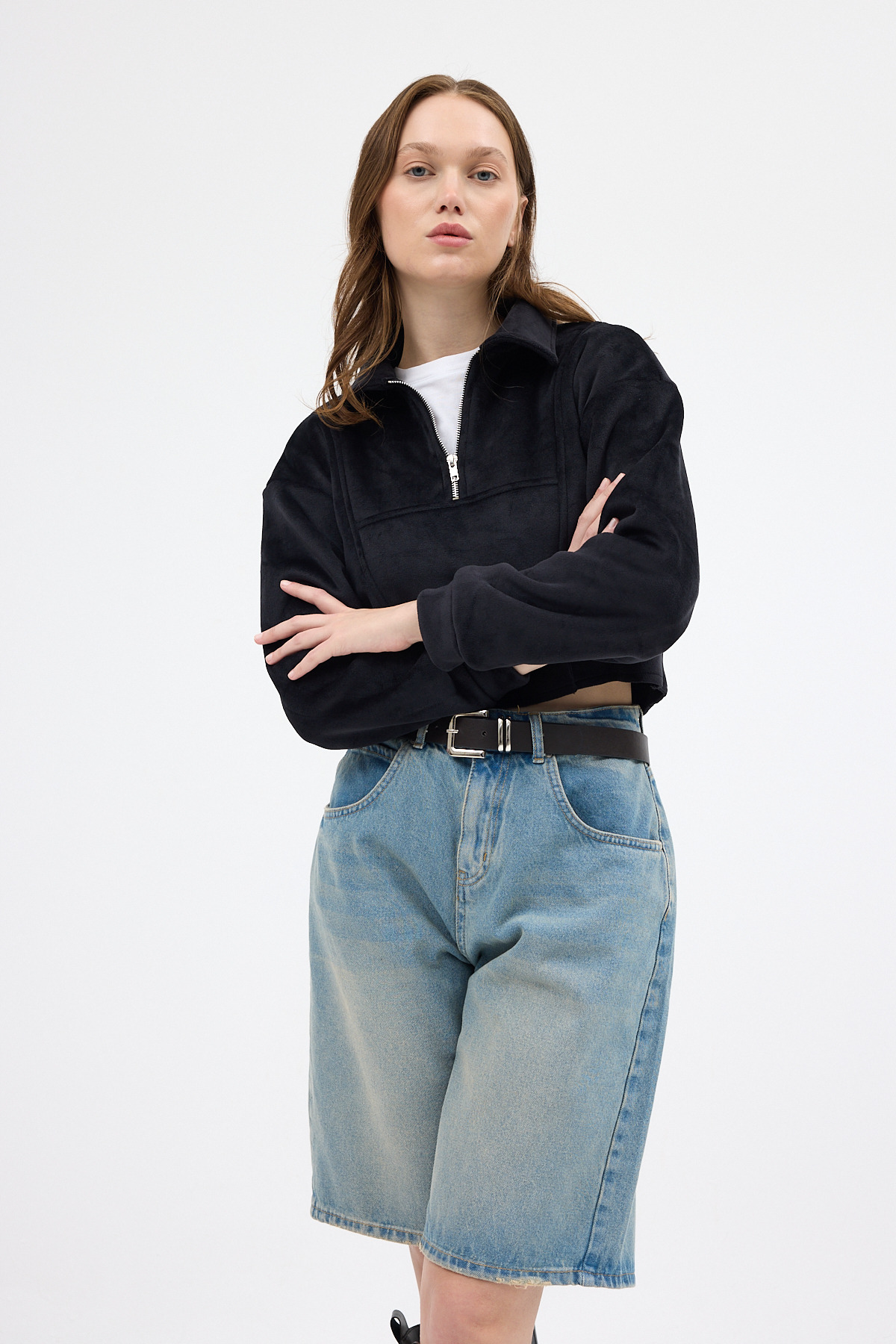 Siyah Kadın Peluş Yarım Fermuarlı Crop Sweatshirt 3056A - RAYS