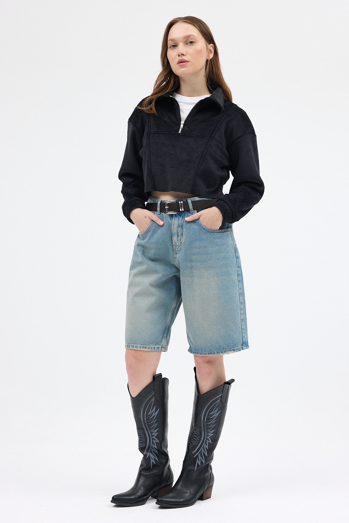 Siyah Kadın Peluş Yarım Fermuarlı Crop Sweatshirt 3056A - 3