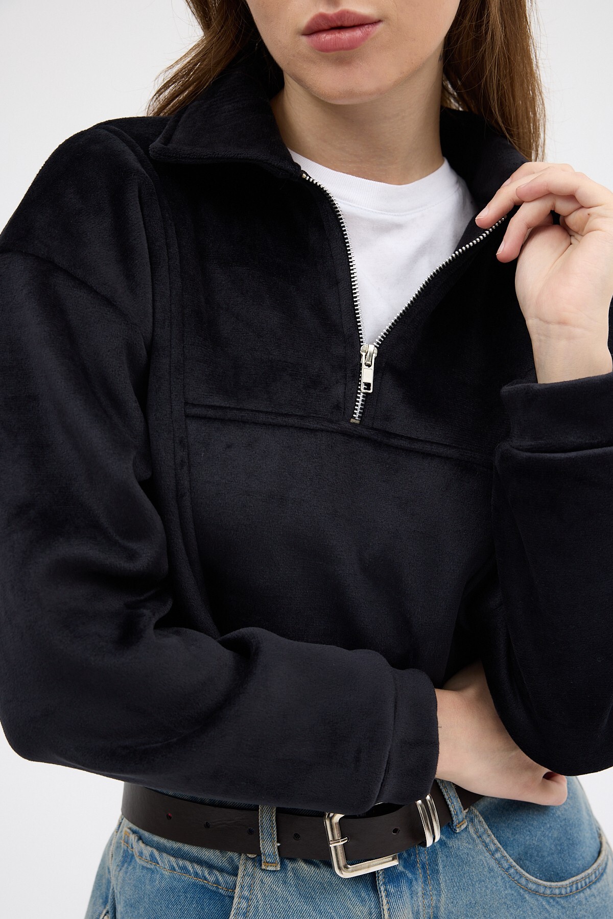 Siyah Kadın Peluş Yarım Fermuarlı Crop Sweatshirt 3056A - RAYS