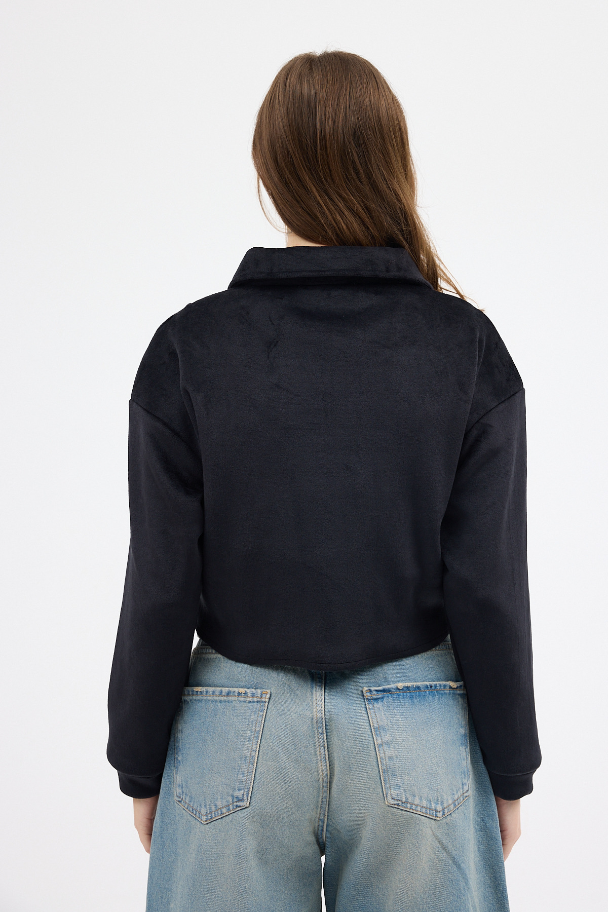 Siyah Kadın Peluş Yarım Fermuarlı Crop Sweatshirt 3056A - 5