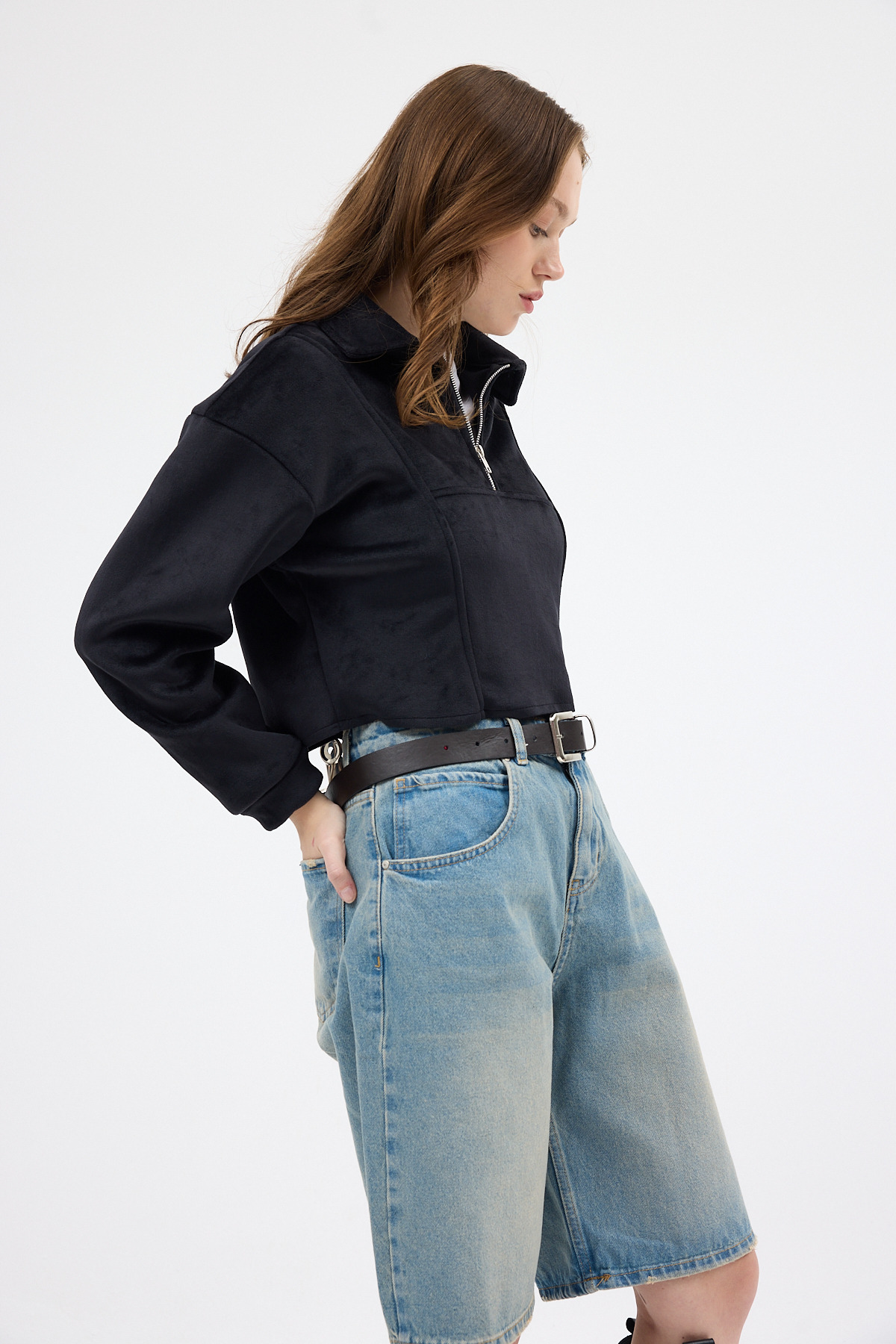 Siyah Kadın Peluş Yarım Fermuarlı Crop Sweatshirt 3056A - 6