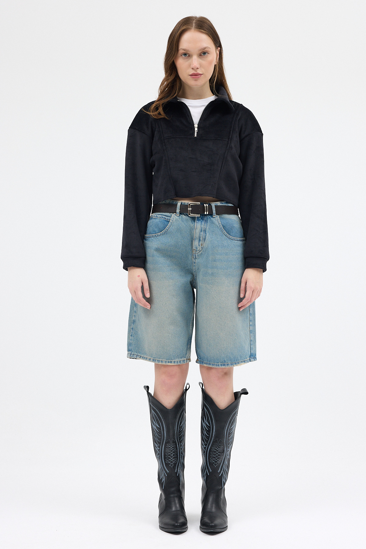 Siyah Kadın Peluş Yarım Fermuarlı Crop Sweatshirt 3056A - 7