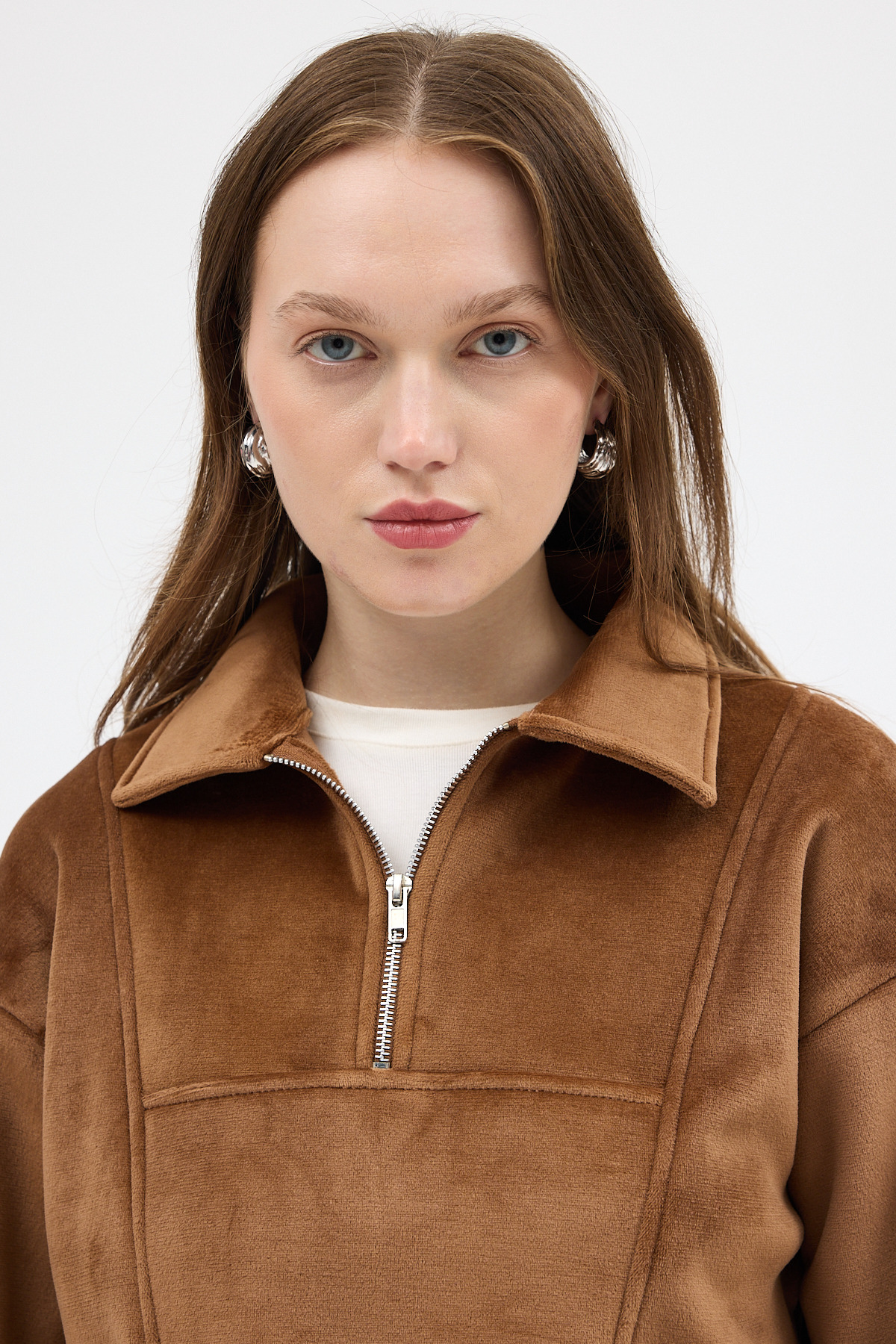 Taba Kadın Peluş Yarım Fermuarlı Crop Sweatshirt 3056A - RAYS