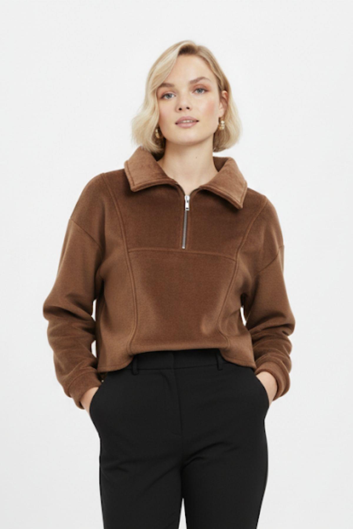 3056A Fermuar Yaka Sweat Taba 