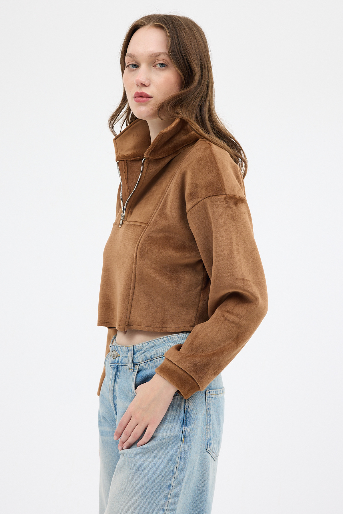 Taba Kadın Peluş Yarım Fermuarlı Crop Sweatshirt 3056A - RAYS