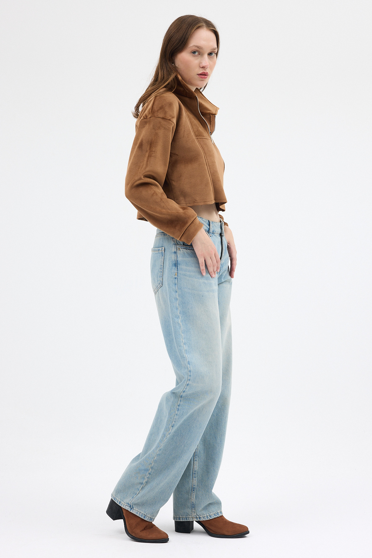 Taba Kadın Peluş Yarım Fermuarlı Crop Sweatshirt 3056A - RAYS