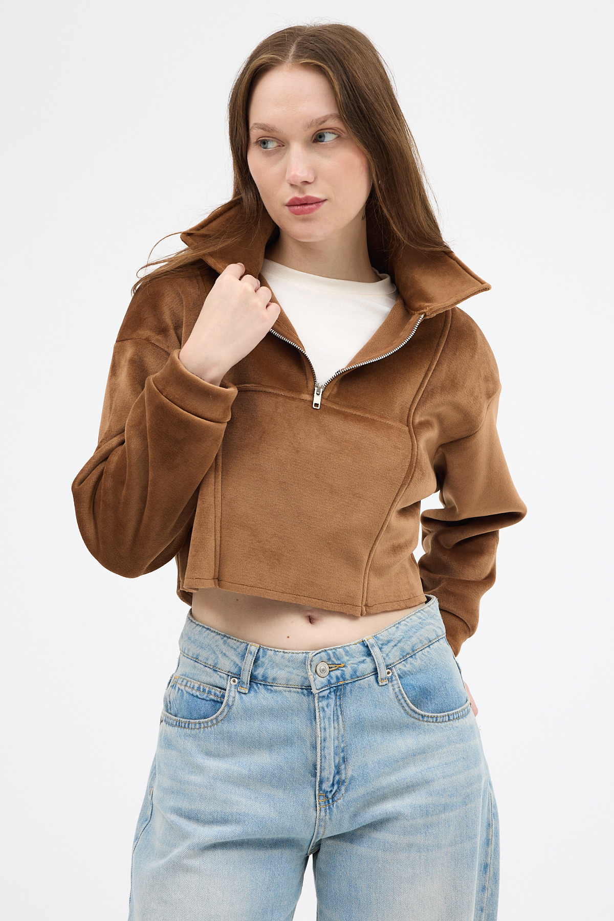 Taba Kadın Peluş Yarım Fermuarlı Crop Sweatshirt 3056A - 6