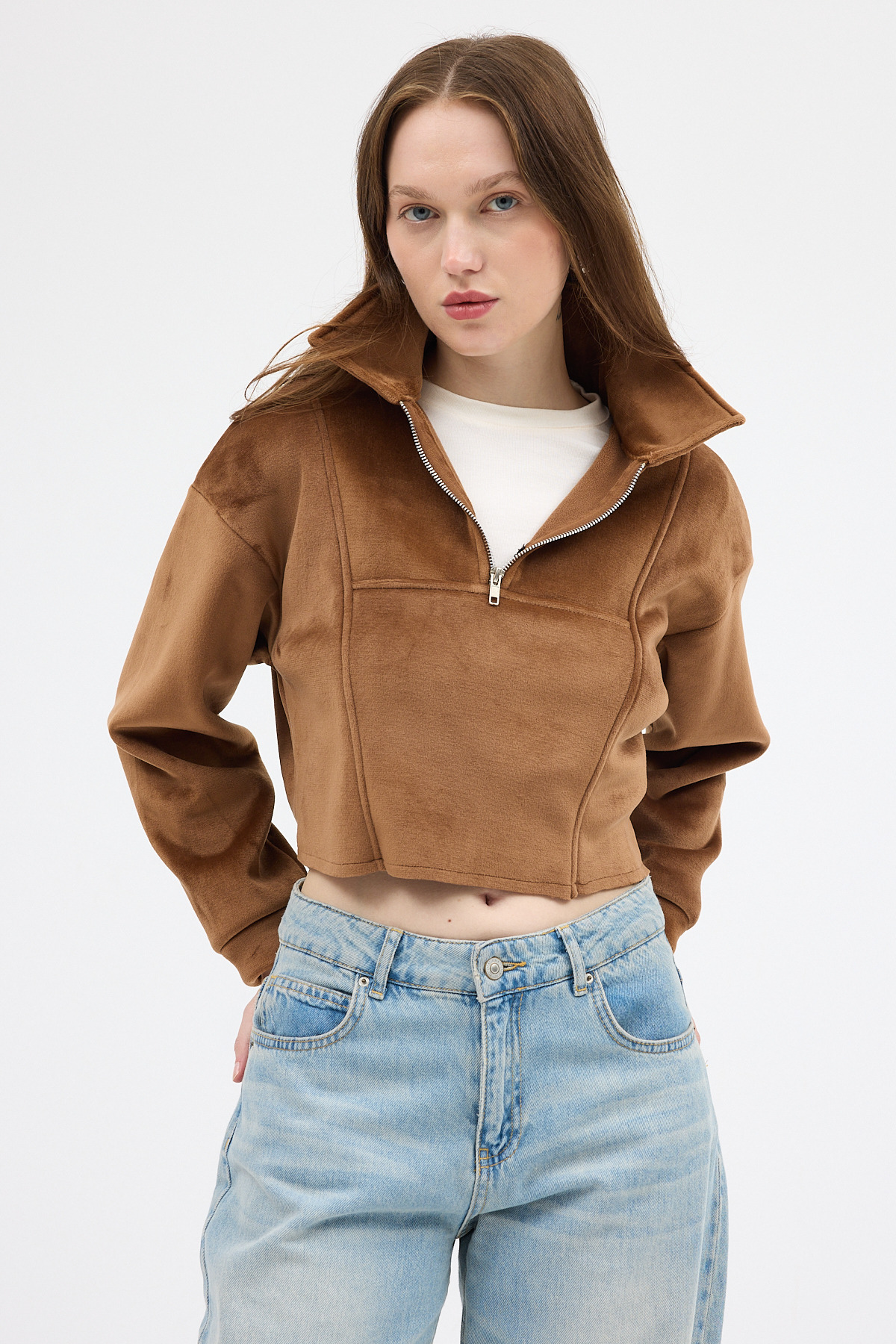 Taba Kadın Peluş Yarım Fermuarlı Crop Sweatshirt 3056A - 7