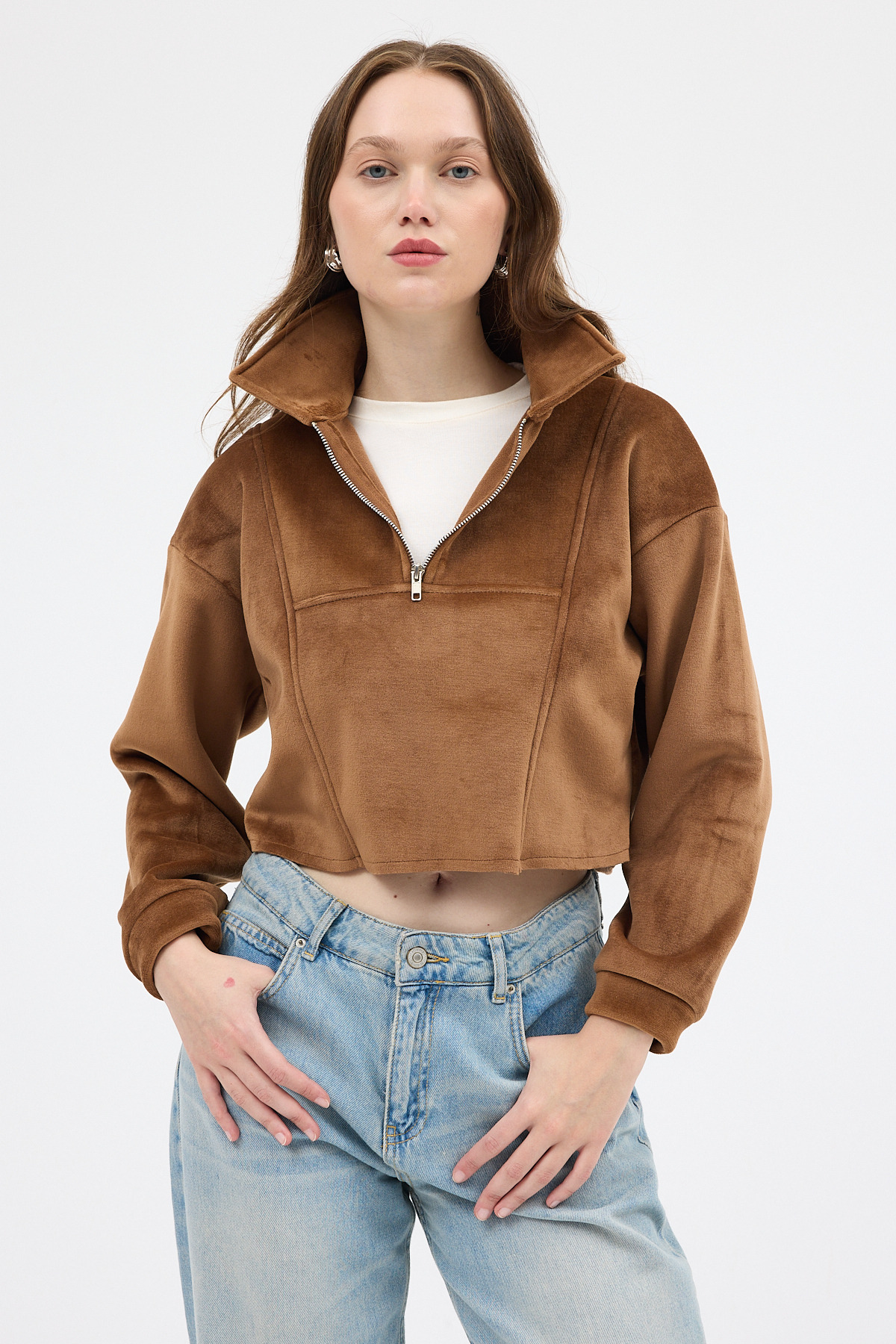 Taba Kadın Peluş Yarım Fermuarlı Crop Sweatshirt 3056A 