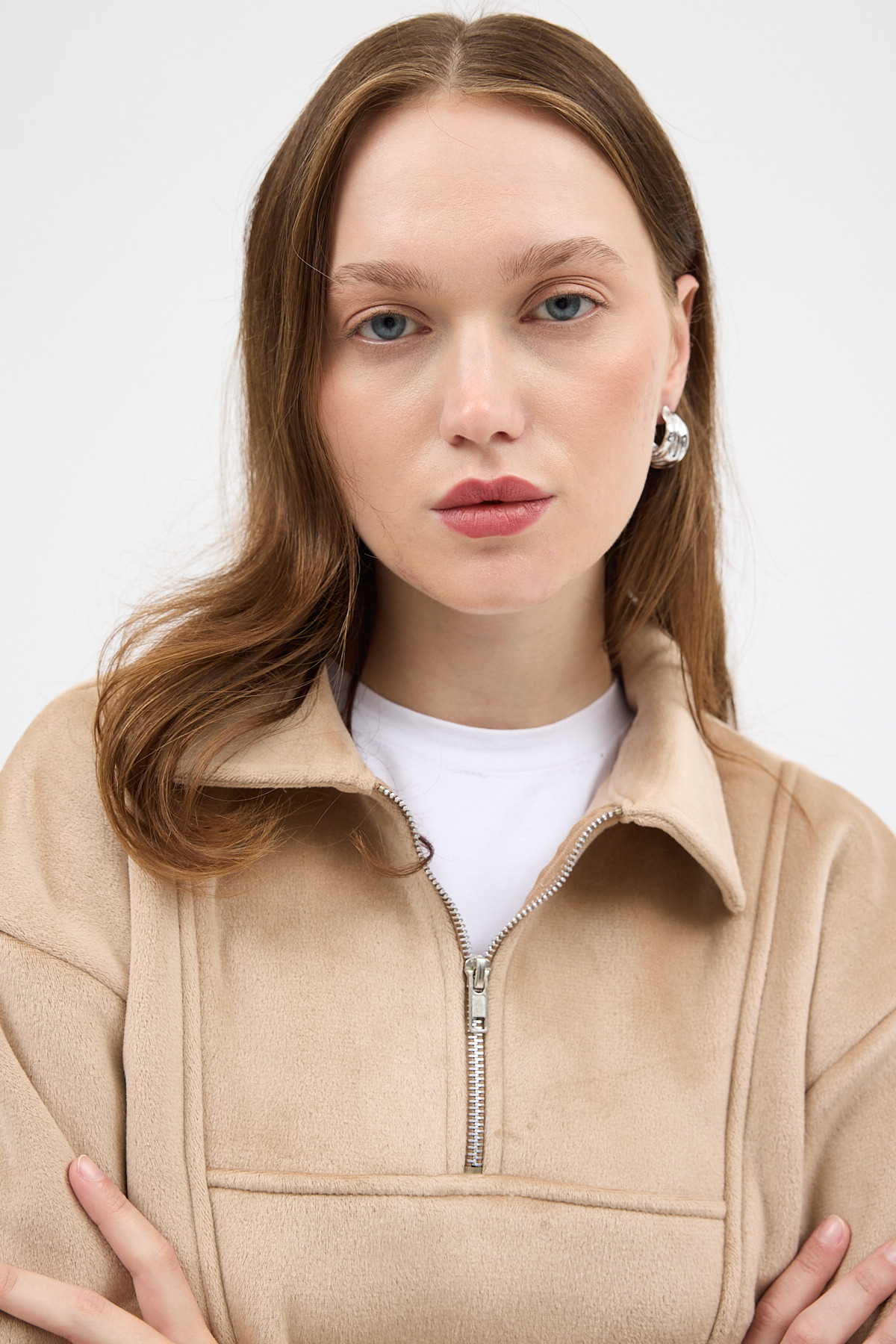 Vizon Kadın Peluş Yarım Fermuarlı Crop Sweatshirt 3056A - RAYS