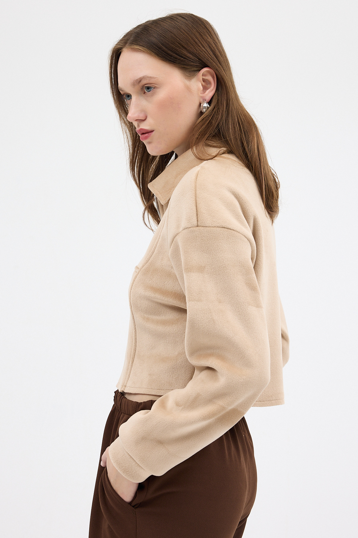 Vizon Kadın Peluş Yarım Fermuarlı Crop Sweatshirt 3056A - RAYS