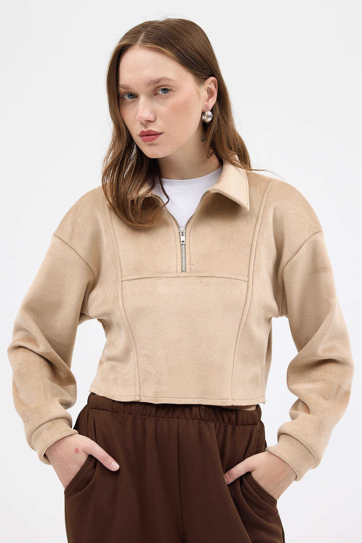 Vizon Kadın Peluş Yarım Fermuarlı Crop Sweatshirt 3056A 