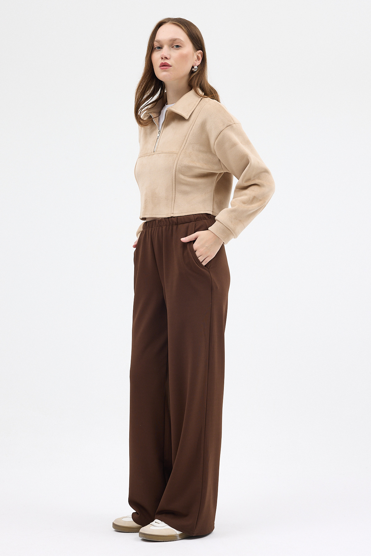 Vizon Kadın Peluş Yarım Fermuarlı Crop Sweatshirt 3056A - 3