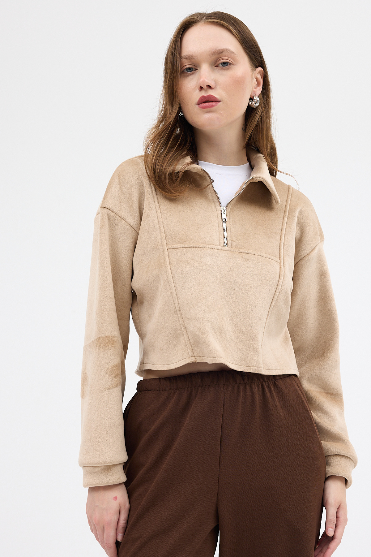 Vizon Kadın Peluş Yarım Fermuarlı Crop Sweatshirt 3056A - 6