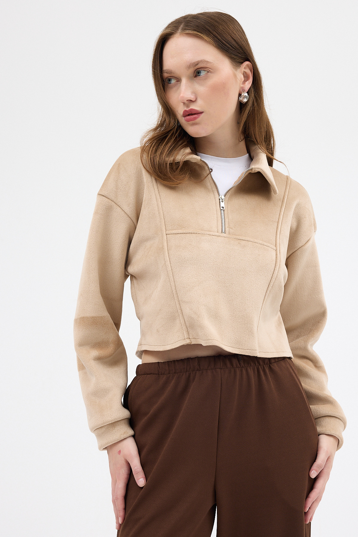 Vizon Kadın Peluş Yarım Fermuarlı Crop Sweatshirt 3056A - 7