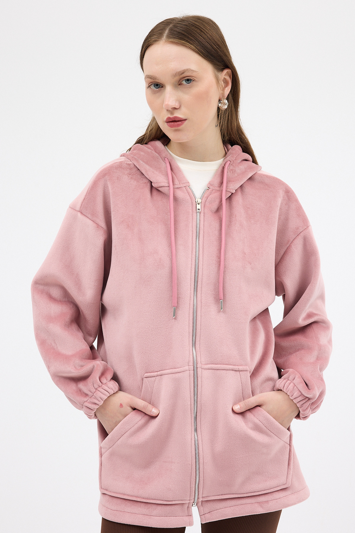 Pembe Peluş Fermuarlı Kapüşonlu Kadın Sweatshirt 3057A 