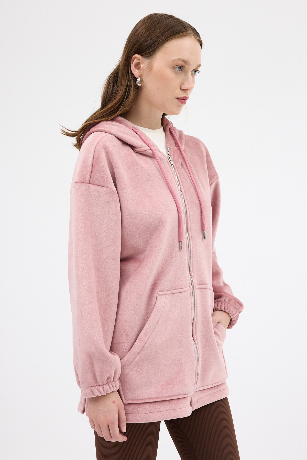 Pembe Peluş Fermuarlı Kapüşonlu Kadın Sweatshirt 3057A - 6