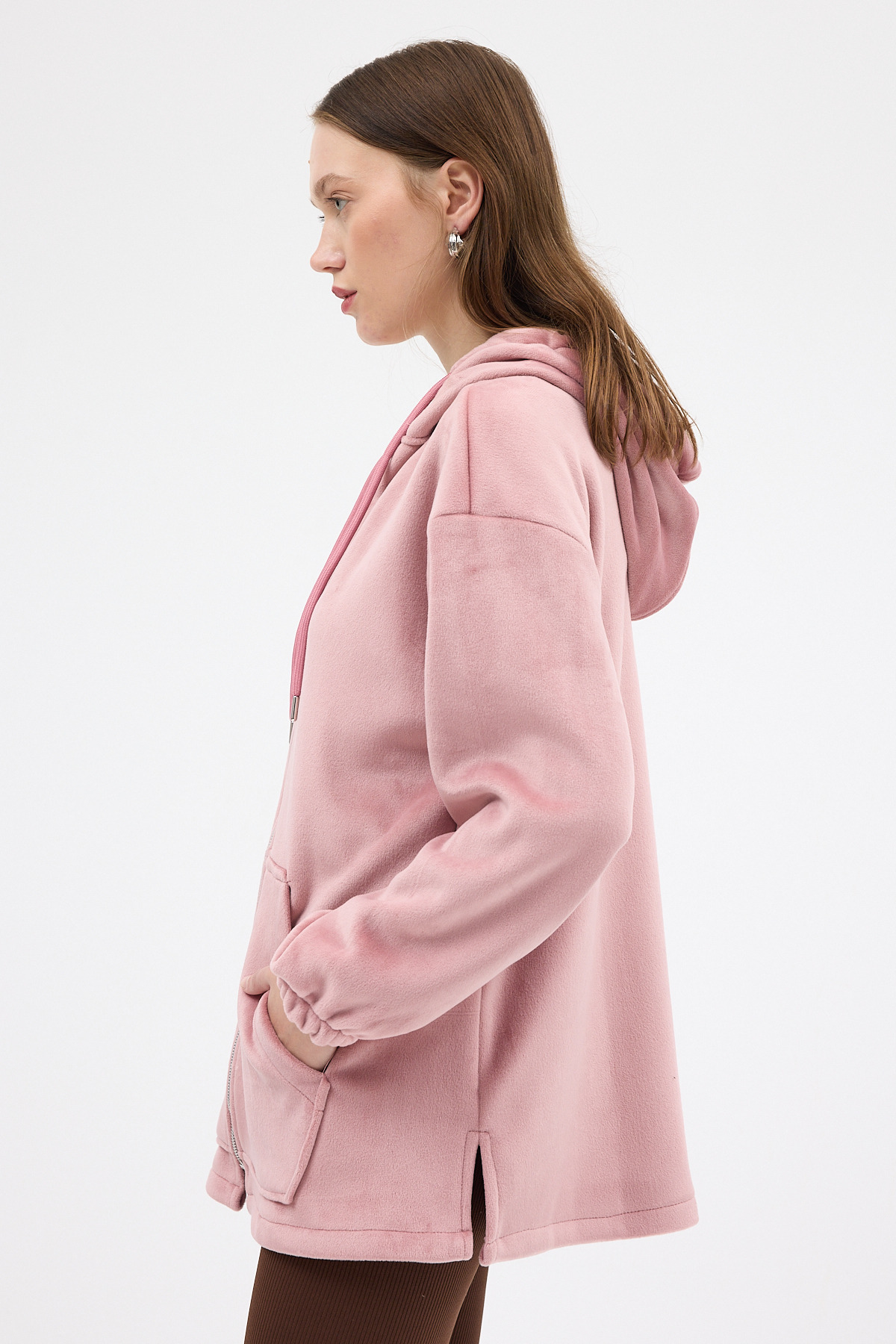 Pembe Peluş Fermuarlı Kapüşonlu Kadın Sweatshirt 3057A - 2