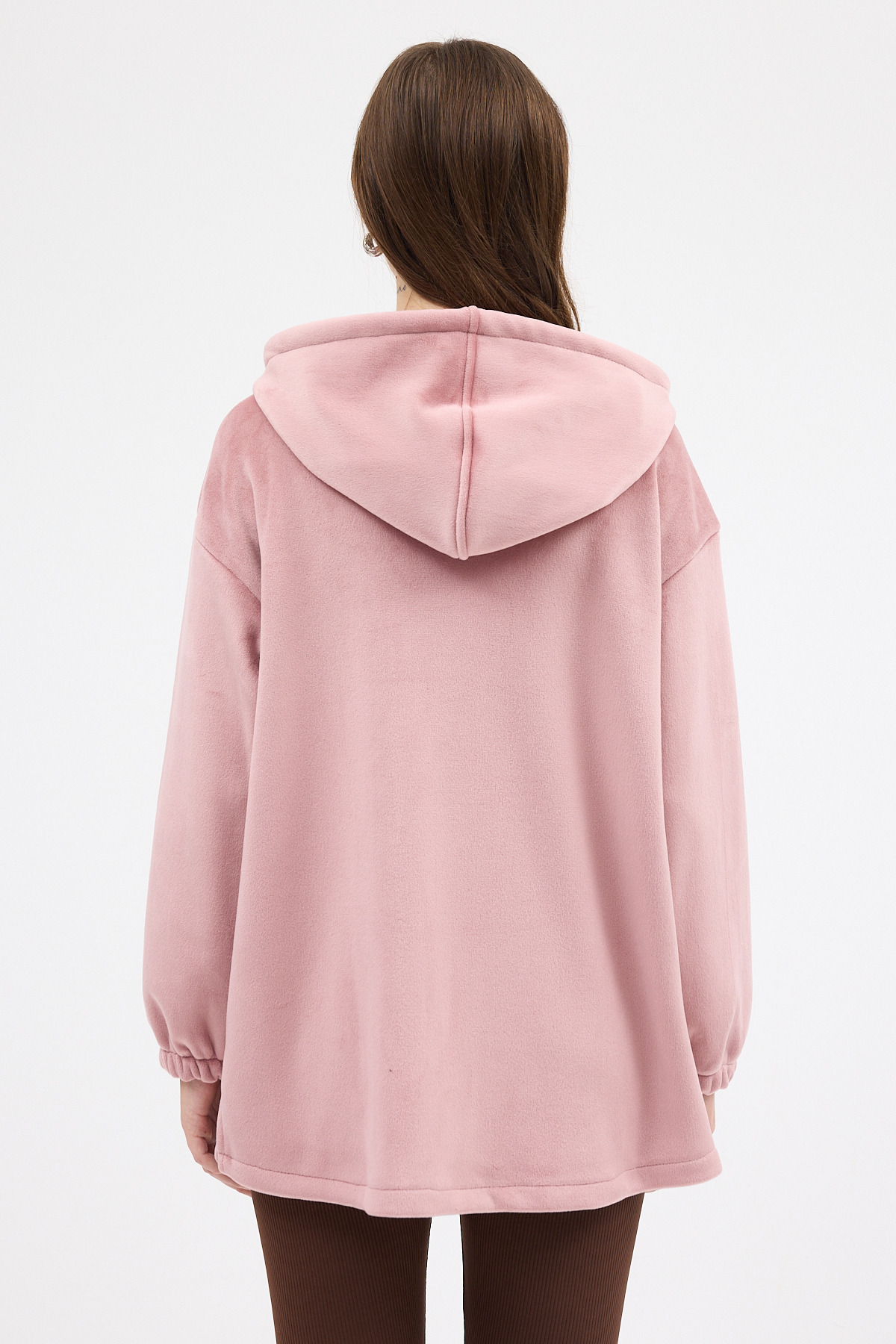 Pembe Peluş Fermuarlı Kapüşonlu Kadın Sweatshirt 3057A - 5