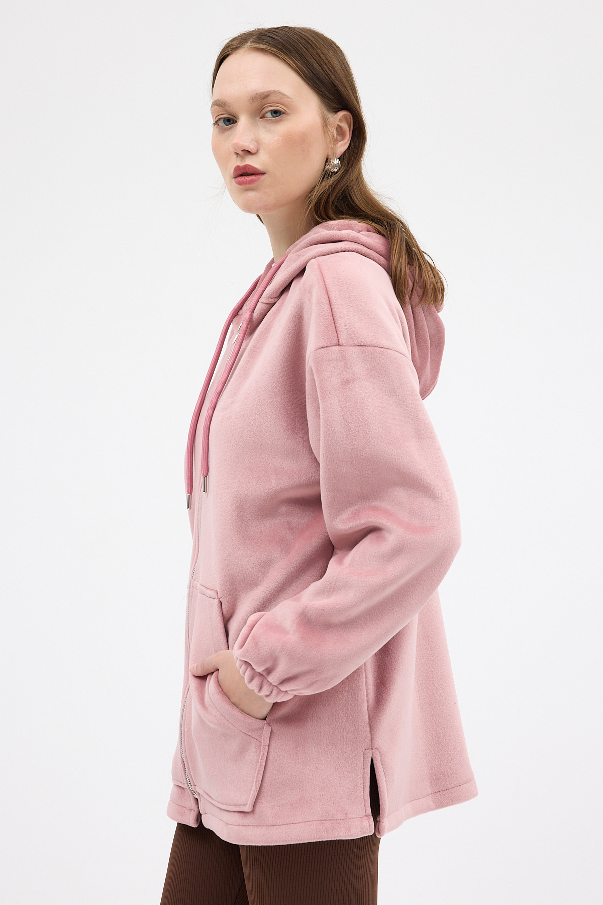 Pembe Peluş Fermuarlı Kapüşonlu Kadın Sweatshirt 3057A - 7