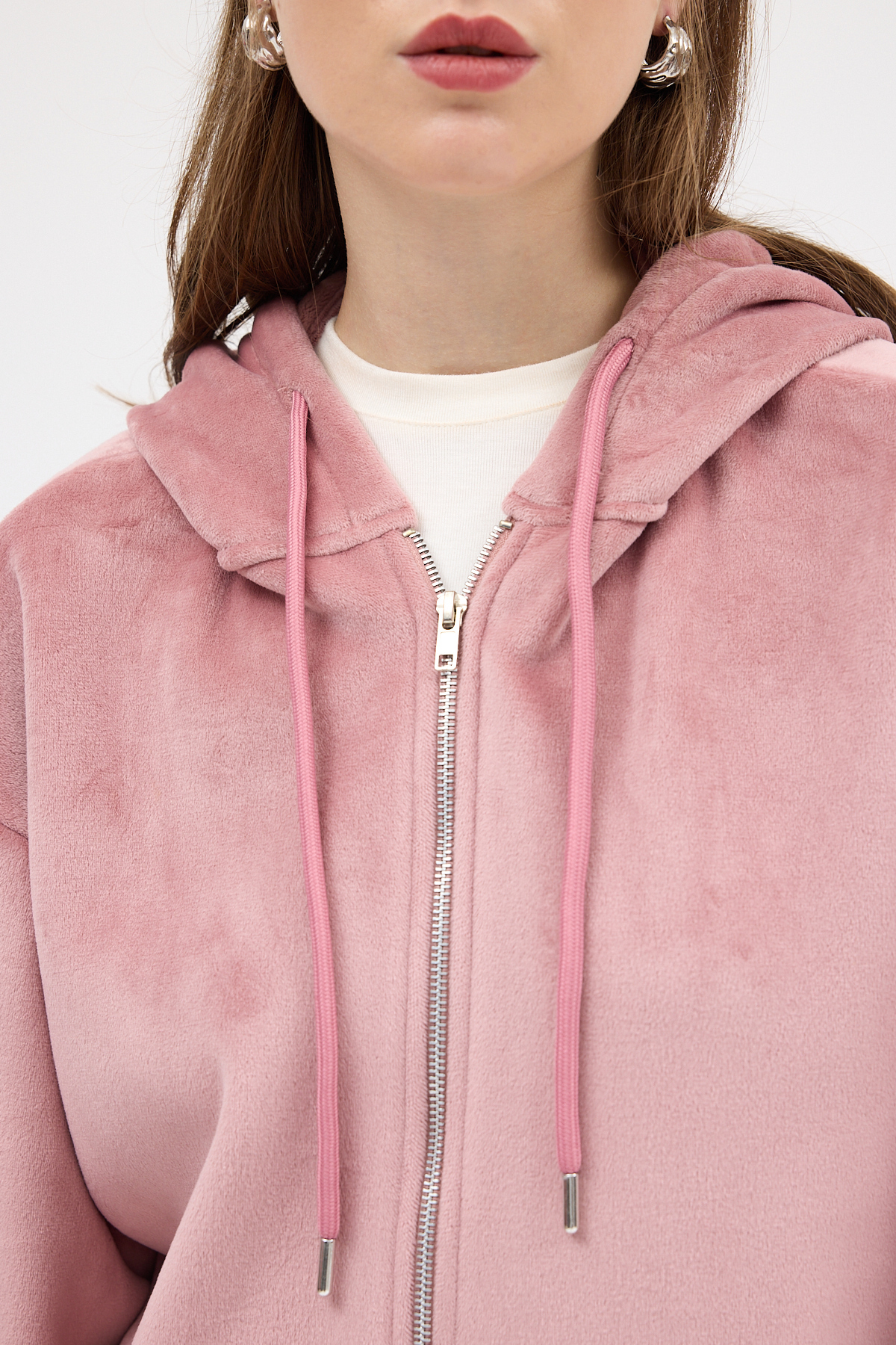 Pembe Peluş Fermuarlı Kapüşonlu Kadın Sweatshirt 3057A - 4