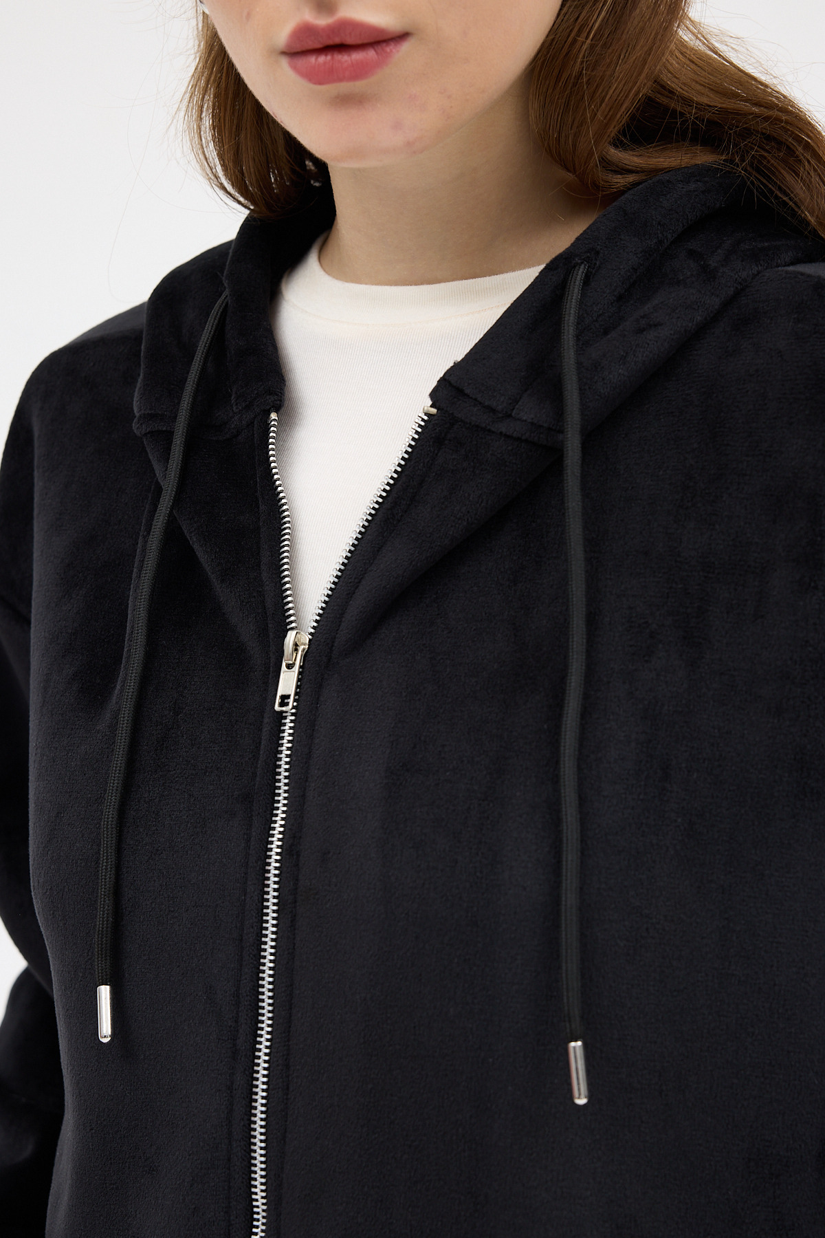 Siyah Peluş Fermuarlı Kapüşonlu Kadın Sweatshirt 3057A - RAYS