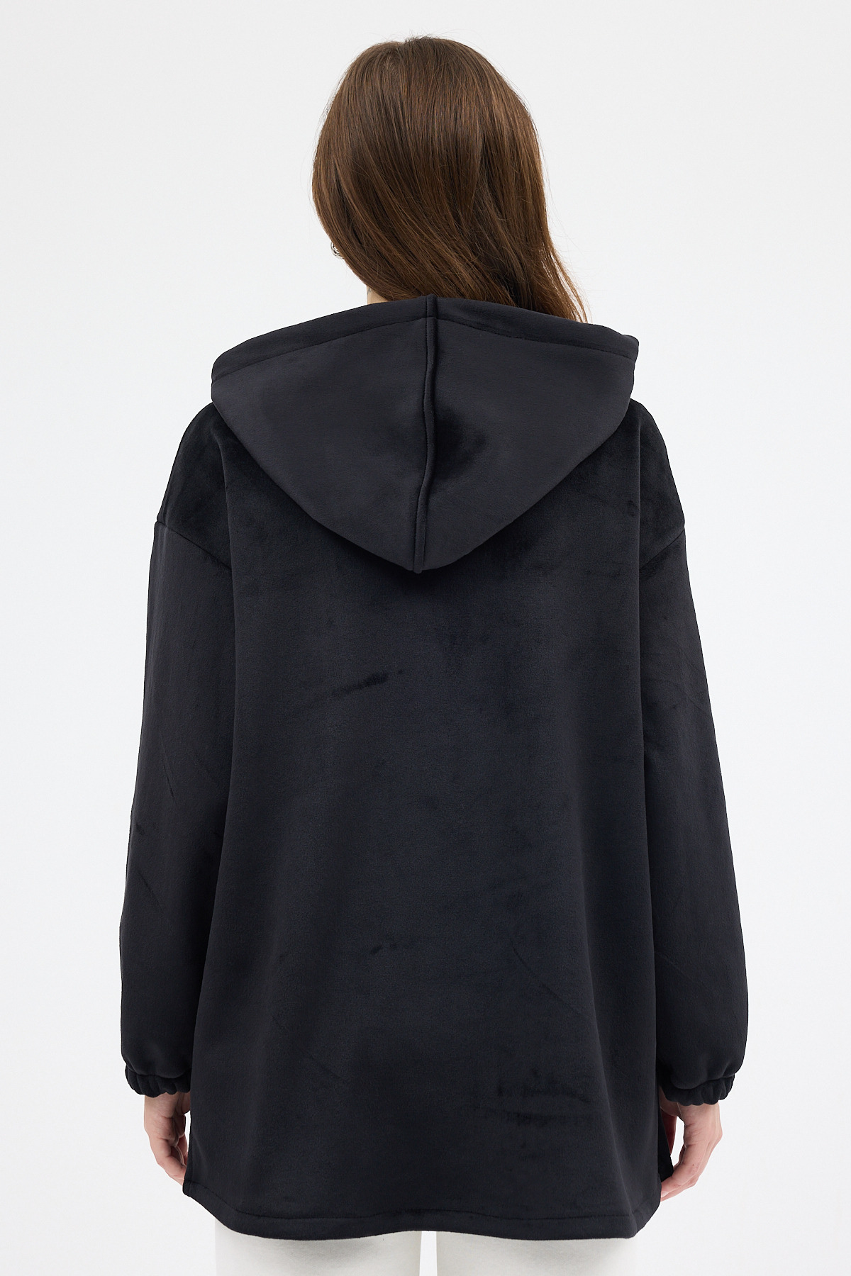 Siyah Peluş Fermuarlı Kapüşonlu Kadın Sweatshirt 3057A - 5