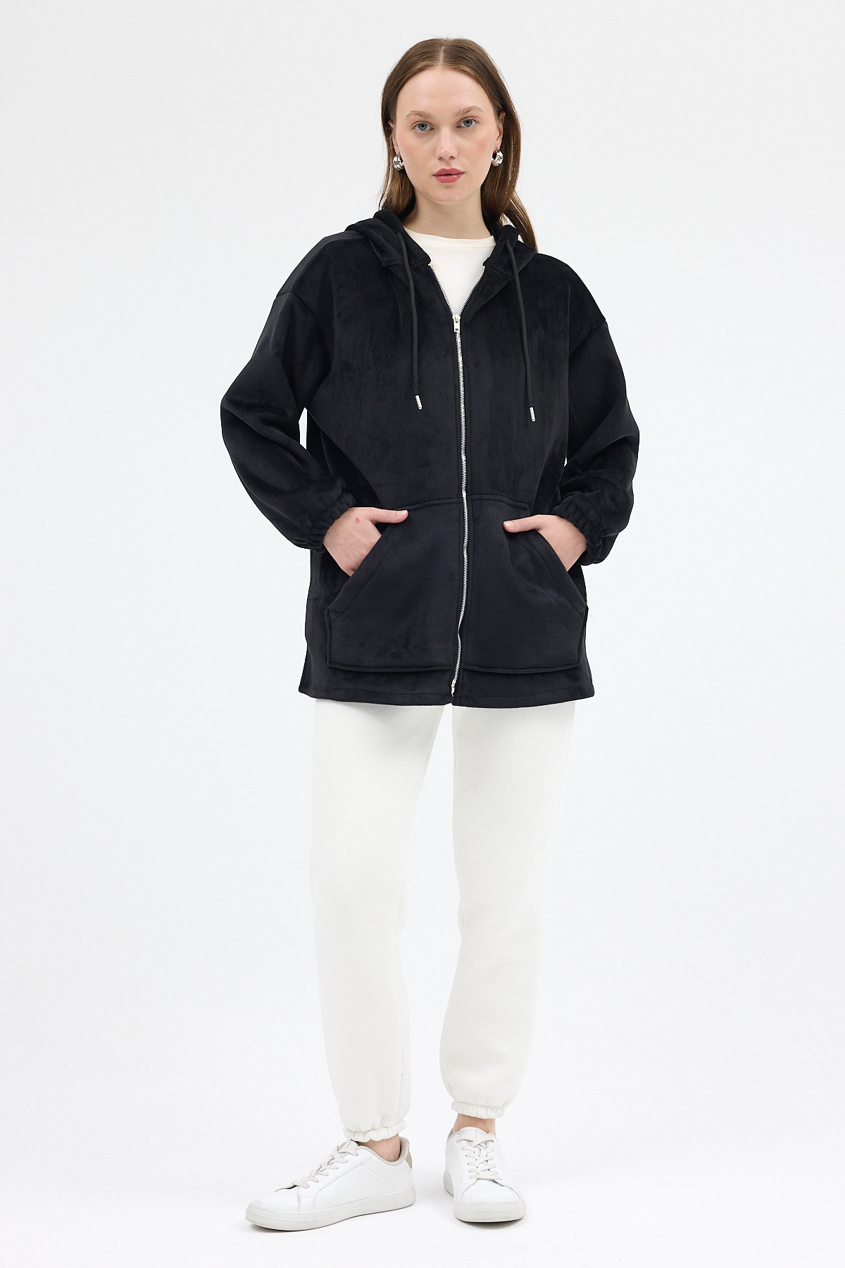 Siyah Peluş Fermuarlı Kapüşonlu Kadın Sweatshirt 3057A - RAYS