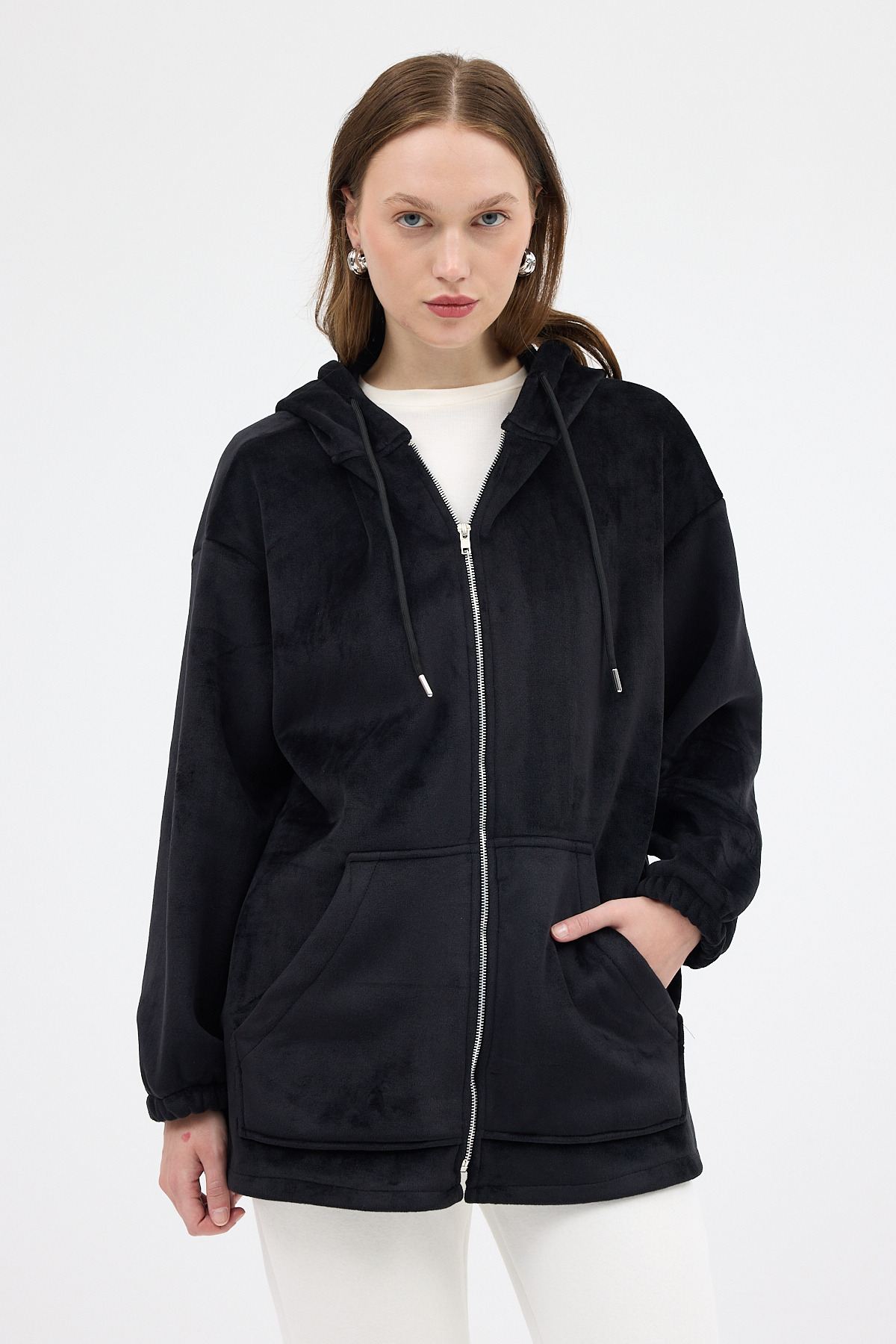 Siyah Peluş Fermuarlı Kapüşonlu Kadın Sweatshirt 3057A - 6