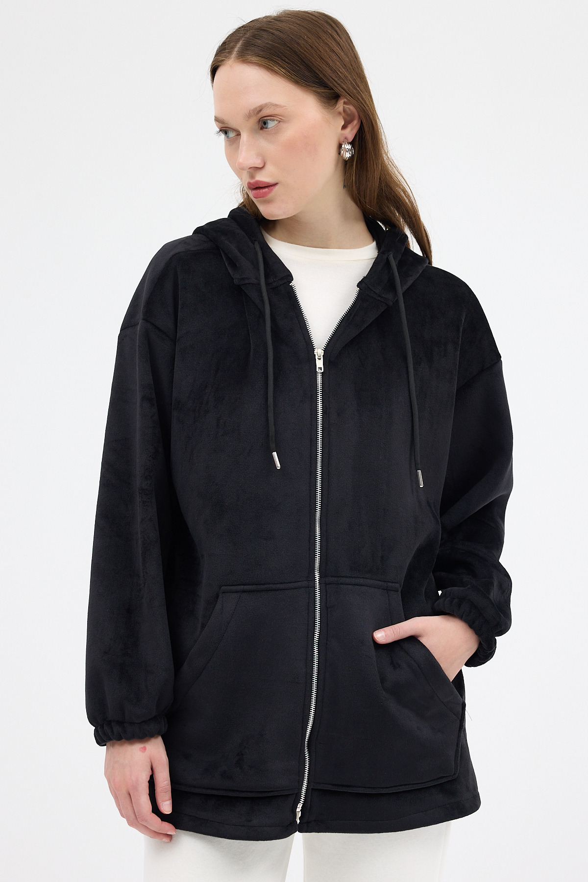 Siyah Peluş Fermuarlı Kapüşonlu Kadın Sweatshirt 3057A 