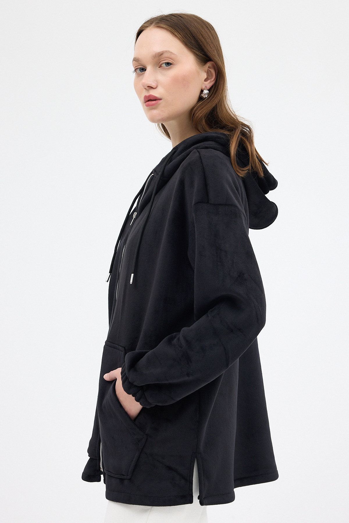 Siyah Peluş Fermuarlı Kapüşonlu Kadın Sweatshirt 3057A - RAYS