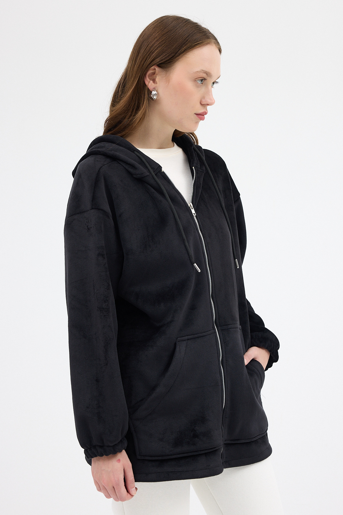 Siyah Peluş Fermuarlı Kapüşonlu Kadın Sweatshirt 3057A - 7