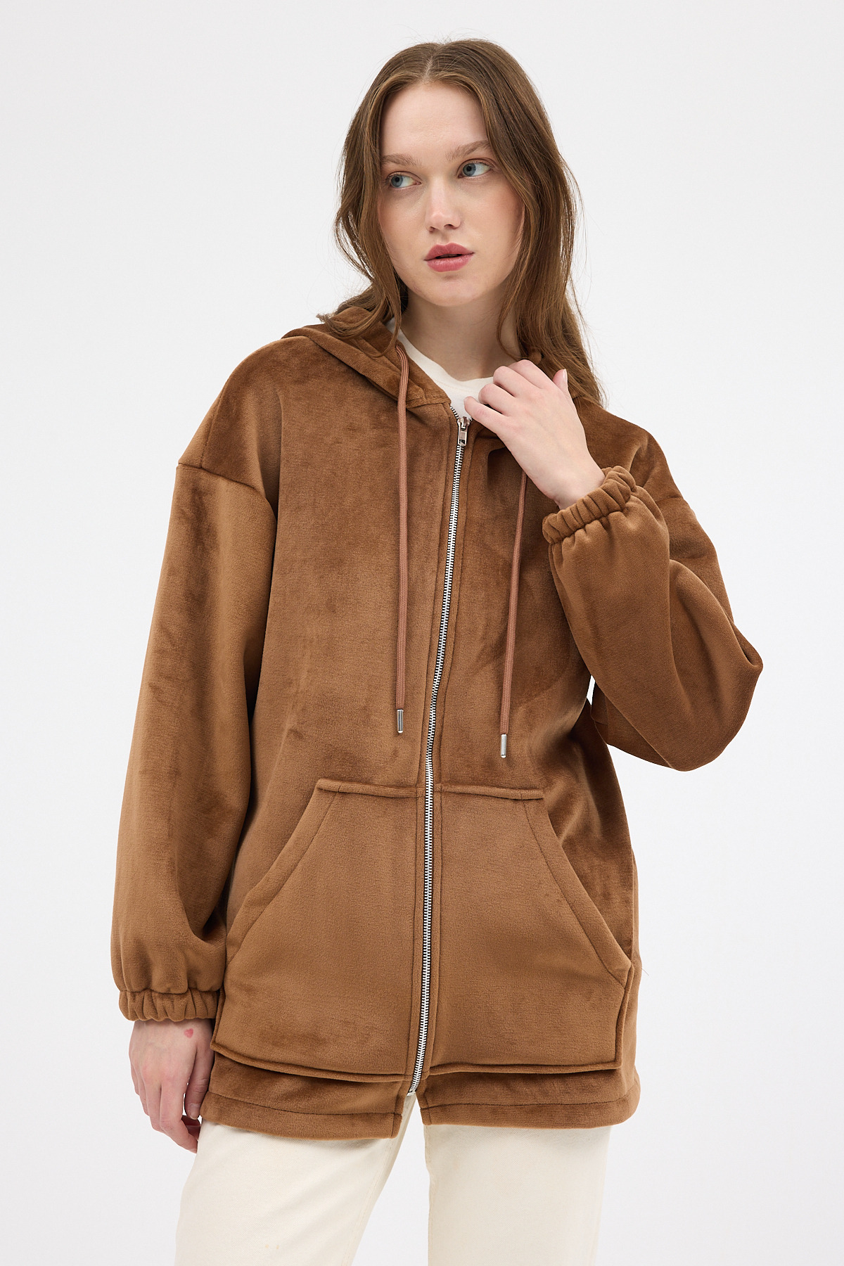 Taba Peluş Fermuarlı Kapüşonlu Kadın Sweatshirt 3057A - 1