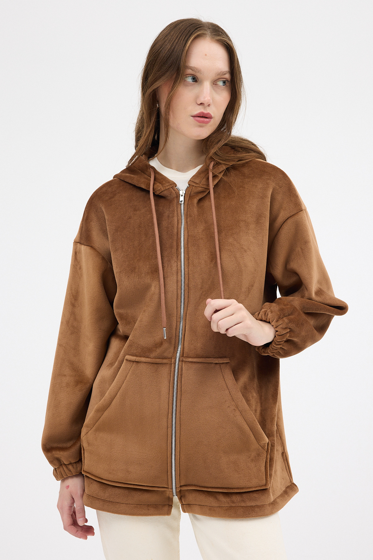 Taba Peluş Fermuarlı Kapüşonlu Kadın Sweatshirt 3057A - 6