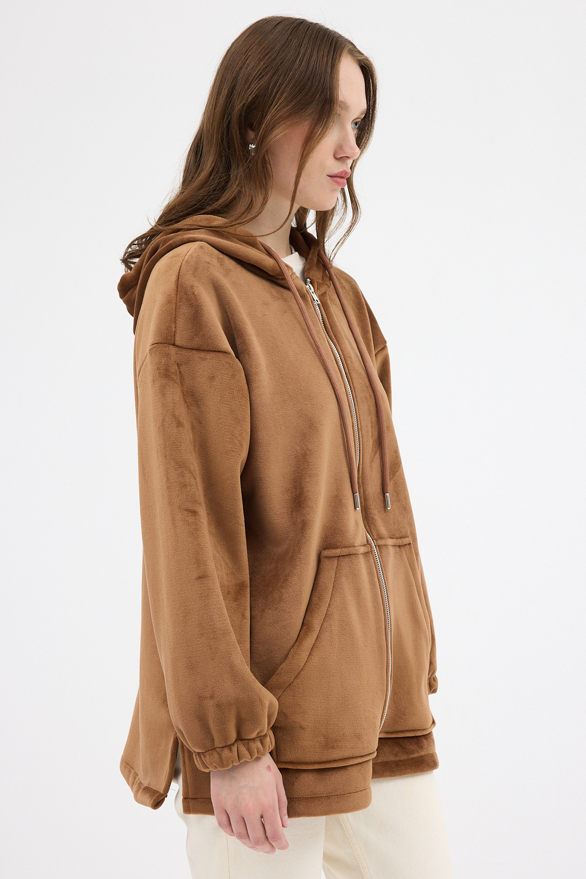 Taba Peluş Fermuarlı Kapüşonlu Kadın Sweatshirt 3057A - 7