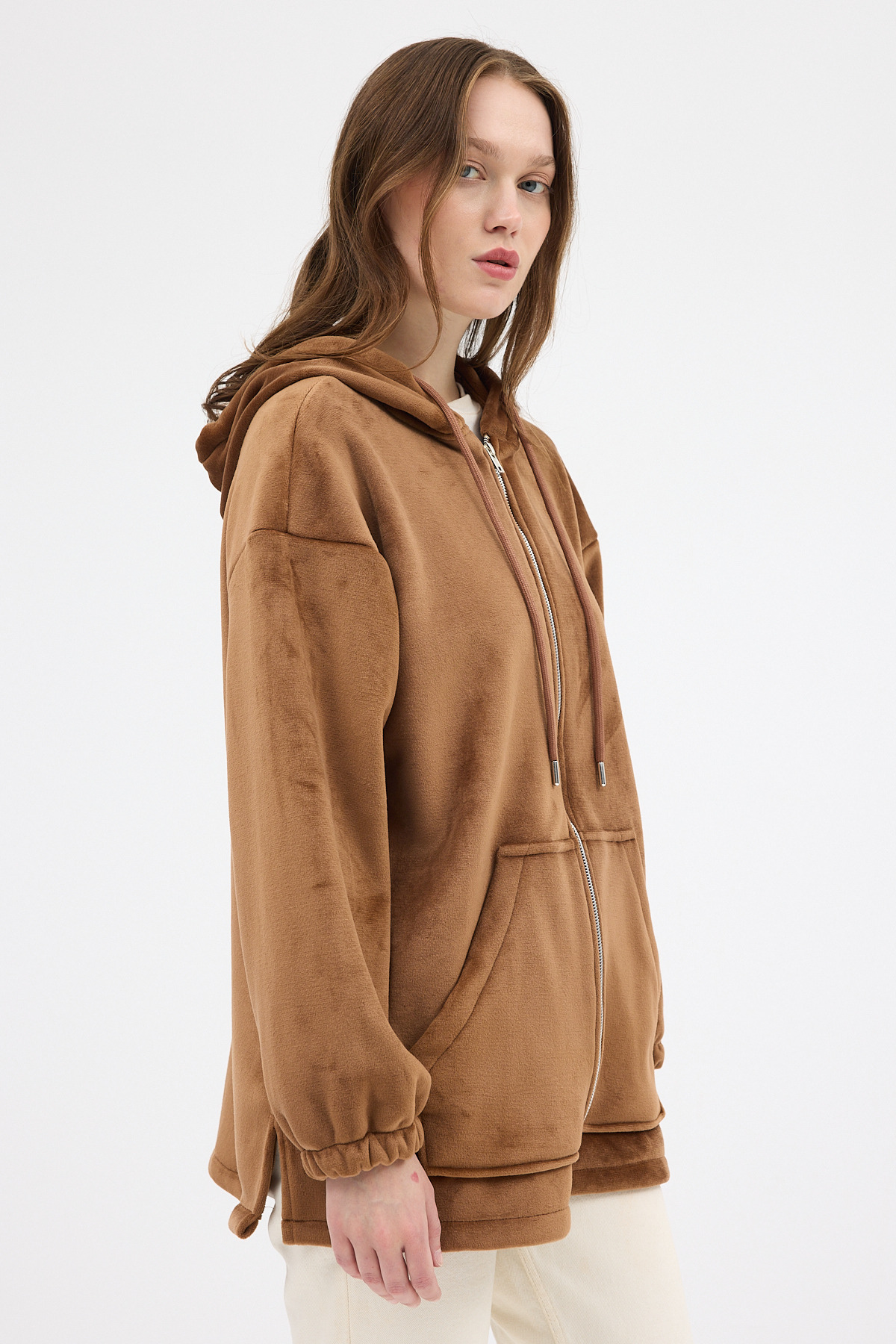 Taba Peluş Fermuarlı Kapüşonlu Kadın Sweatshirt 3057A - RAYS