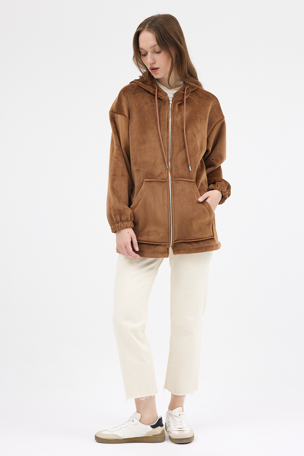 Taba Peluş Fermuarlı Kapüşonlu Kadın Sweatshirt 3057A - RAYS