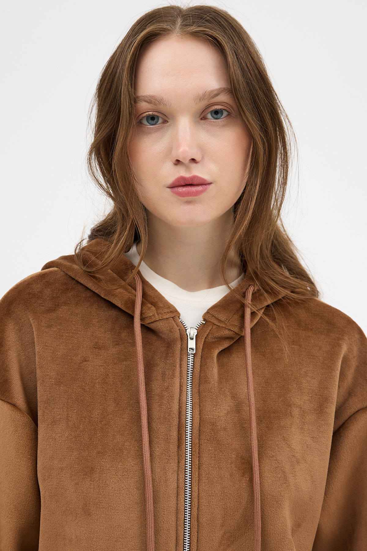 Taba Peluş Fermuarlı Kapüşonlu Kadın Sweatshirt 3057A - RAYS
