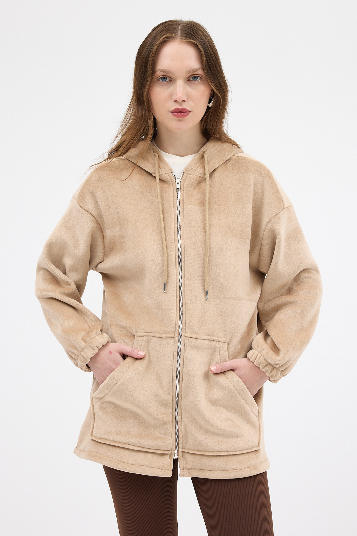 Vizon Peluş Fermuarlı Kapüşonlu Kadın Sweatshirt 3057A - RAYS