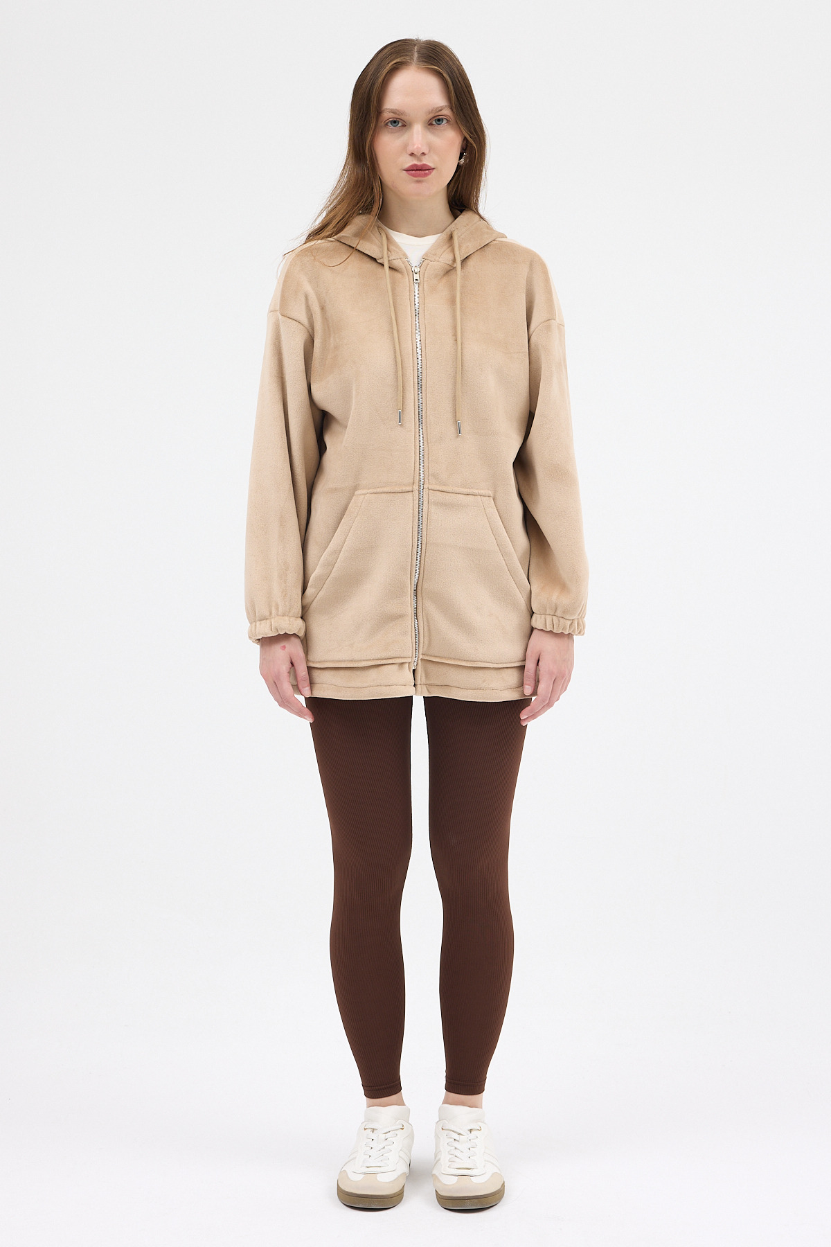 Vizon Peluş Fermuarlı Kapüşonlu Kadın Sweatshirt 3057A - RAYS