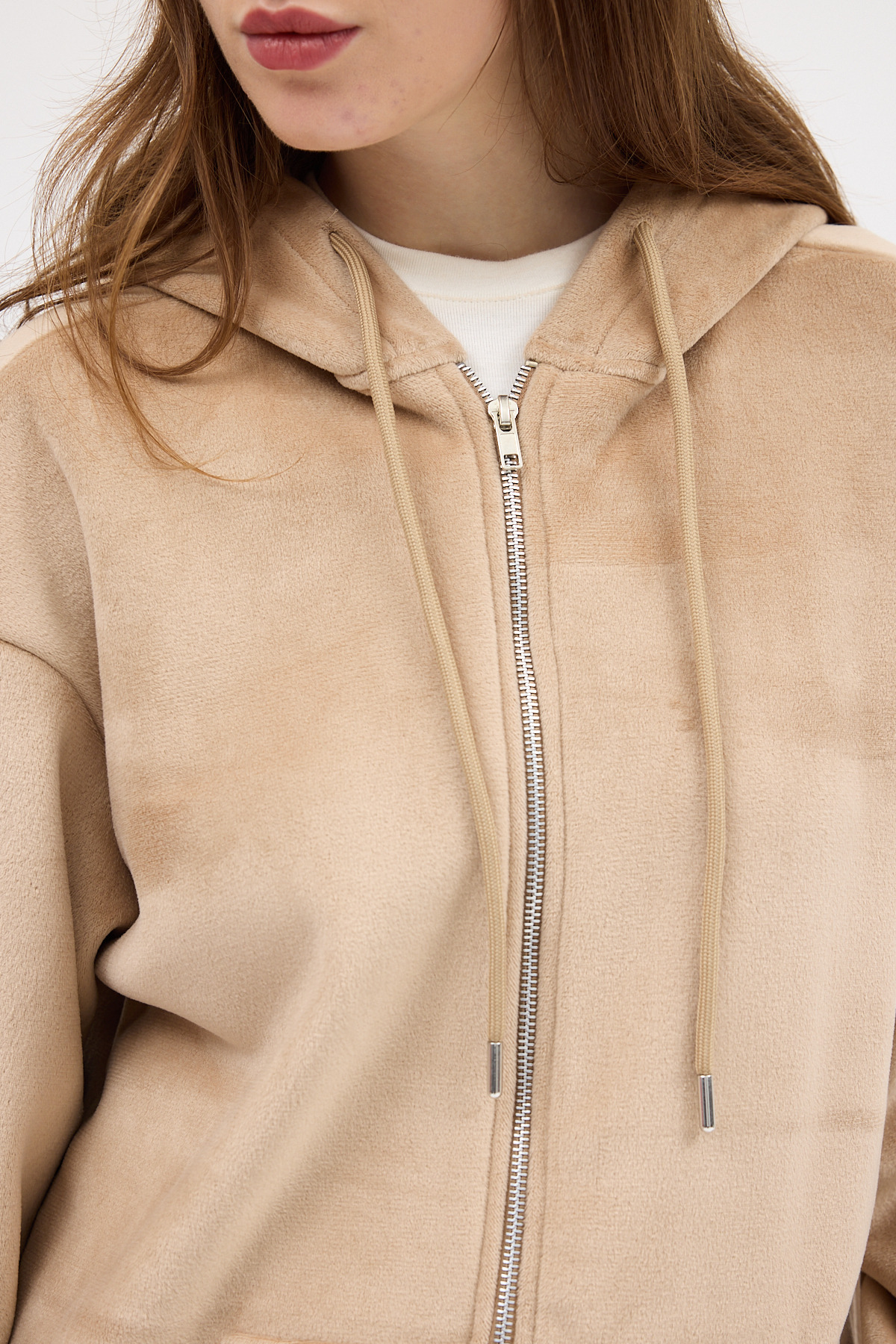 Vizon Peluş Fermuarlı Kapüşonlu Kadın Sweatshirt 3057A - RAYS