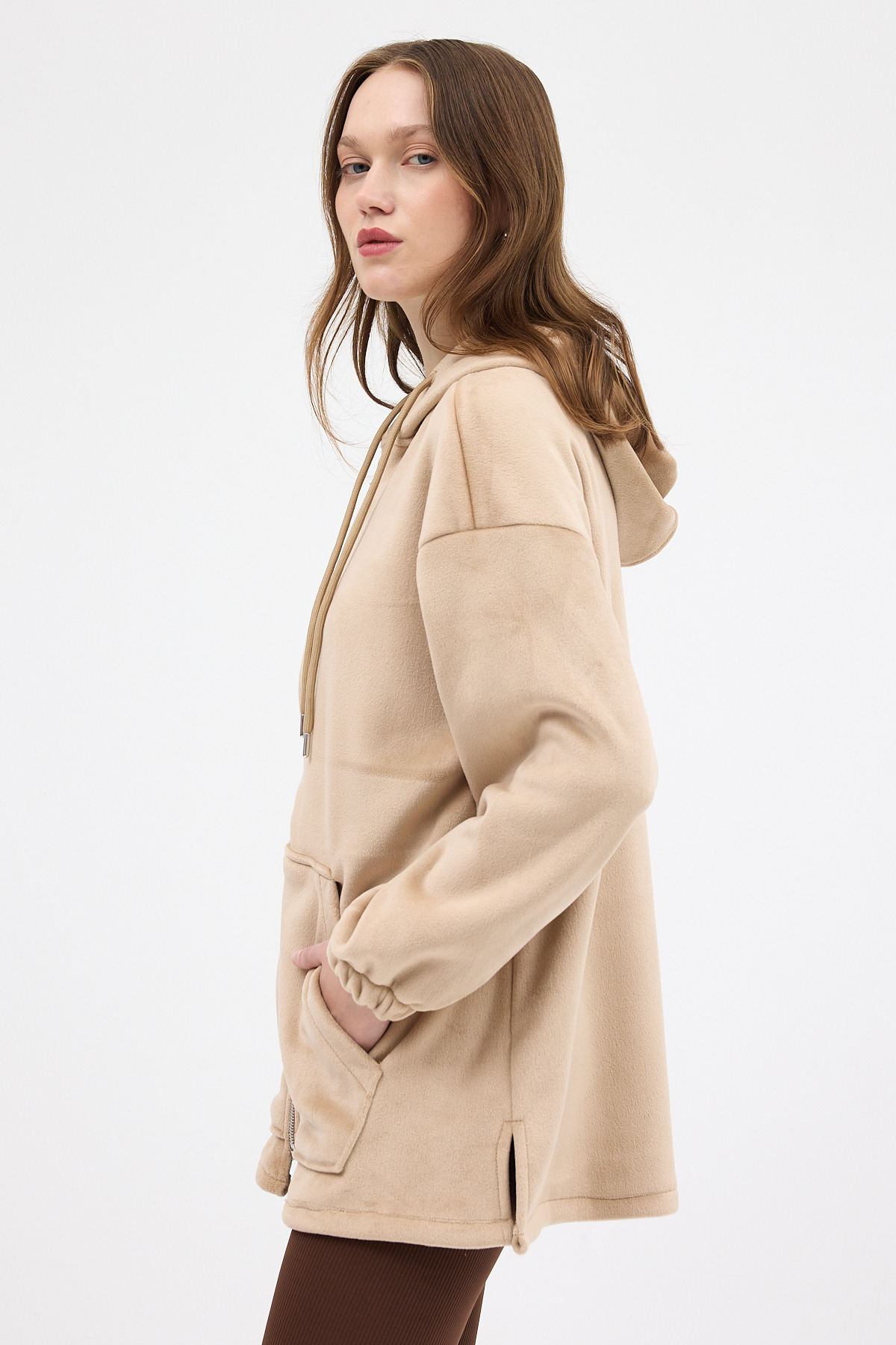 Vizon Peluş Fermuarlı Kapüşonlu Kadın Sweatshirt 3057A - 6