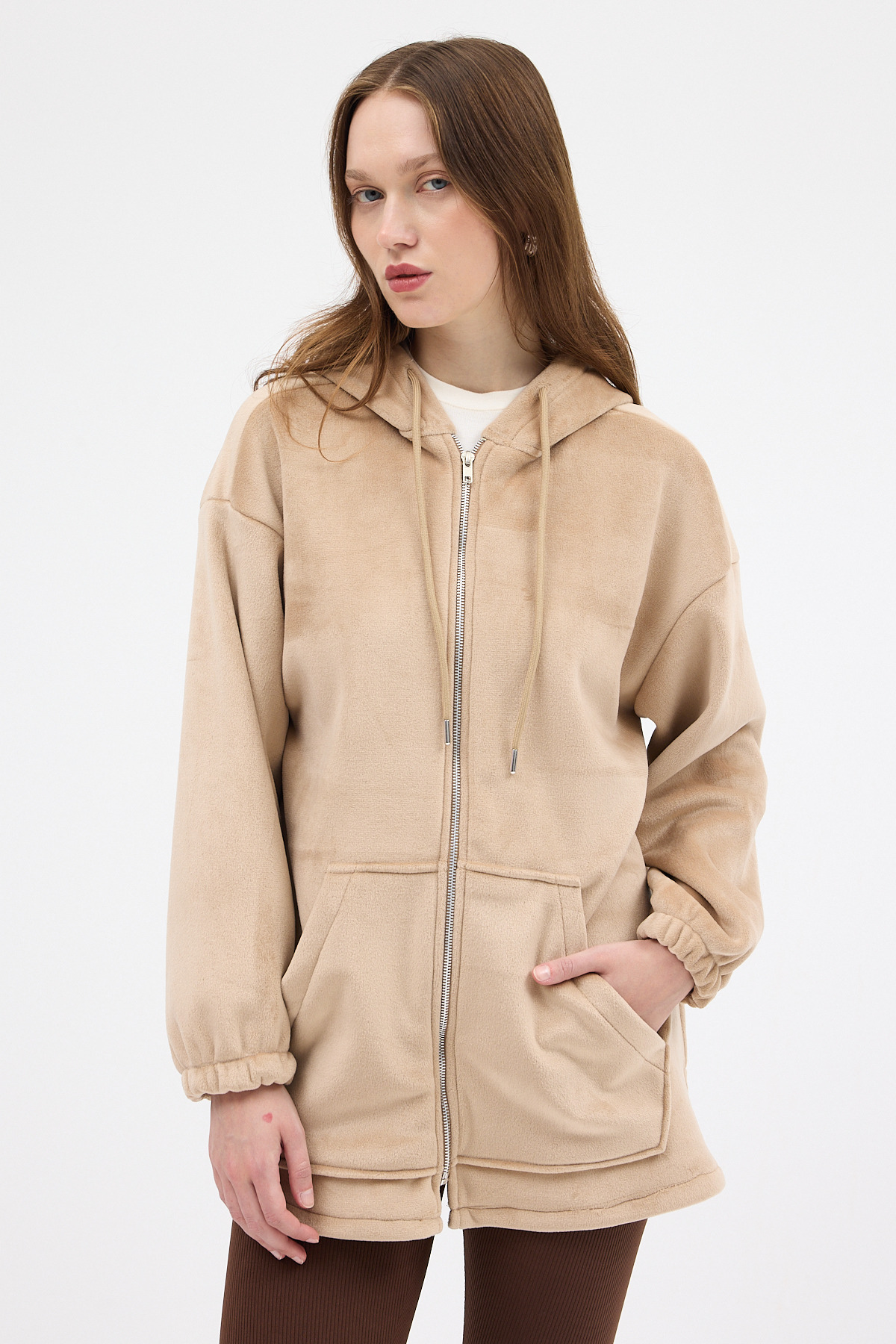 Vizon Peluş Fermuarlı Kapüşonlu Kadın Sweatshirt 3057A - 7