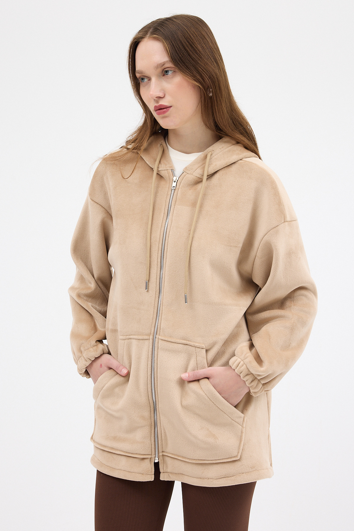 Vizon Peluş Fermuarlı Kapüşonlu Kadın Sweatshirt 3057A - RAYS