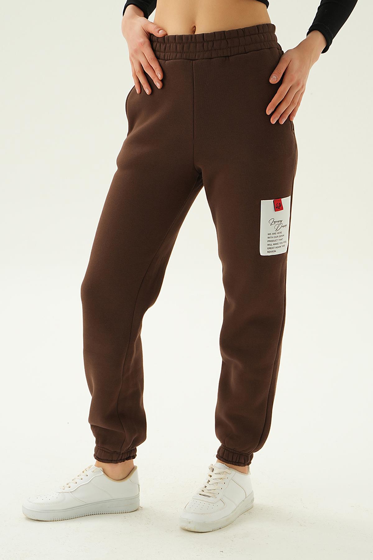 3058 Baskılı Cepli Eşofman Kahve - 1