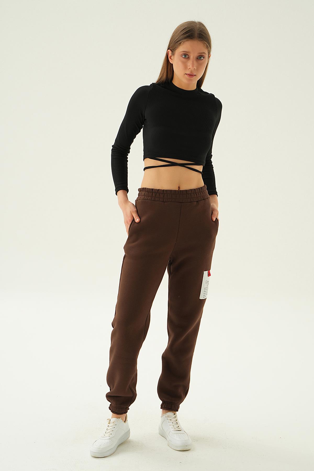 3058 Baskılı Cepli Eşofman Kahve - 2